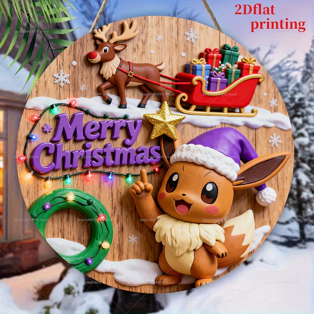 Pokémon de Feliz Navidad placa colgante de madera redonda personalizada