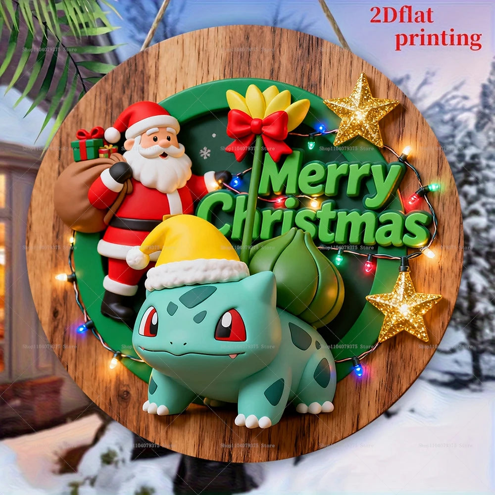 Pokémon de Feliz Navidad placa colgante de madera redonda personalizada