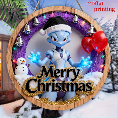 Pokémon de Feliz Navidad placa colgante de madera redonda personalizada